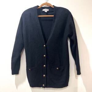 Vtg Lambswool Angora Long V Neck Cardigan Sweater Small Black Gold Button Front